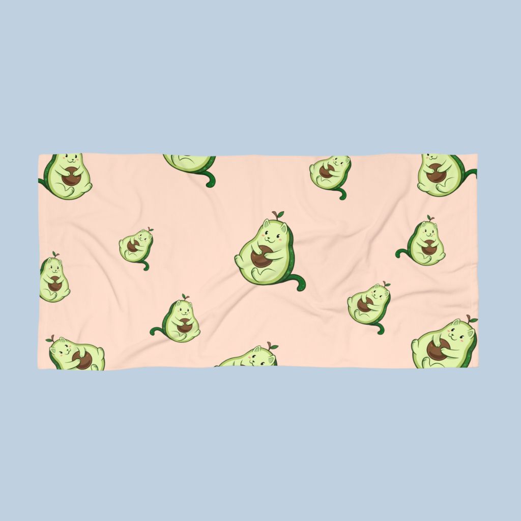 Beige Beach Towel with Pawocado™ print. Pawocado™ is an avocado drawn as a cute cat.