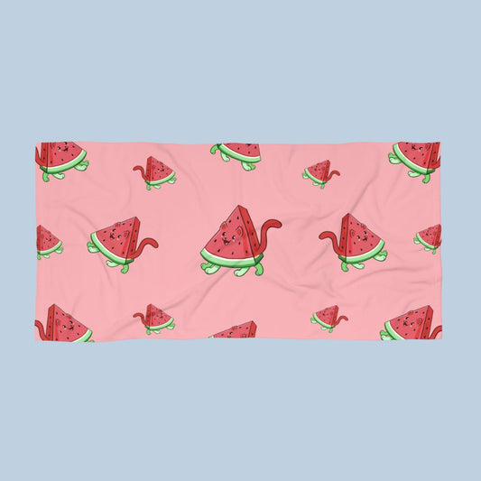 Pink Beach Towel with Watermewlon™ print. Watermewlon™ is a watermelon drawn as a cute cat.