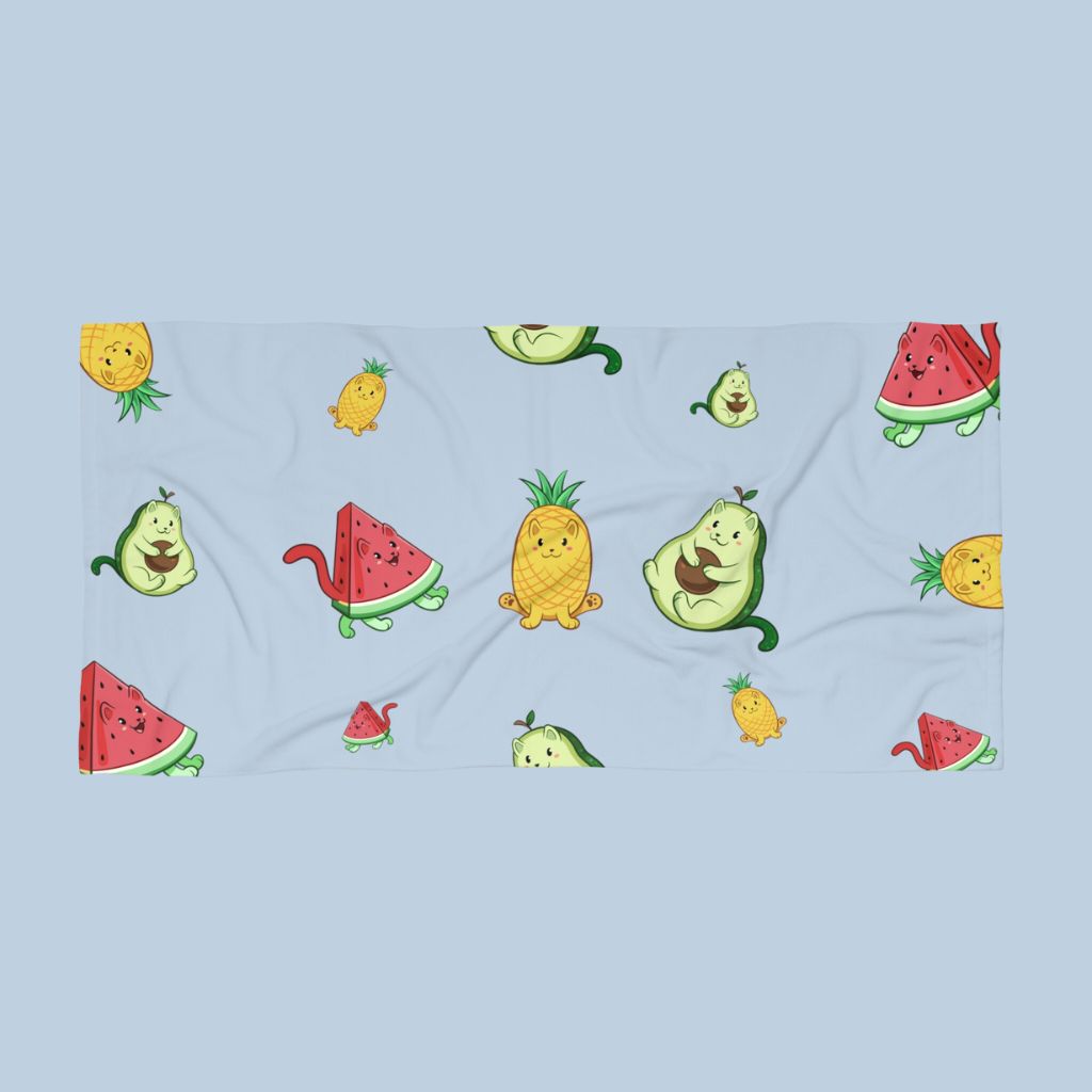 Light Blue Beach Towel with Fruitkittens™ logo. Fruitkittens™ are fruits drawn as cute cats. The logo features Pawocado™, Pawnapple™ and Watermewlon™