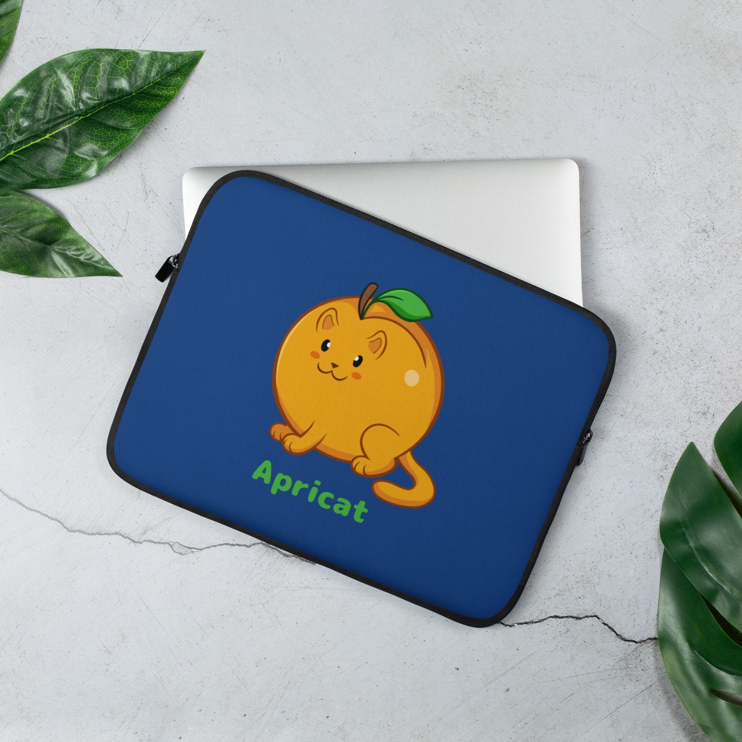 Dark Blue Laptop Case, 13 inches, with Apricat™ print. Apricat™ is an apricot drawn as a cute cat.