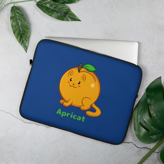 Dark Blue Laptop Case, 15 inches, with Apricat™ print. Apricat™ is an apricot drawn as a cute cat.