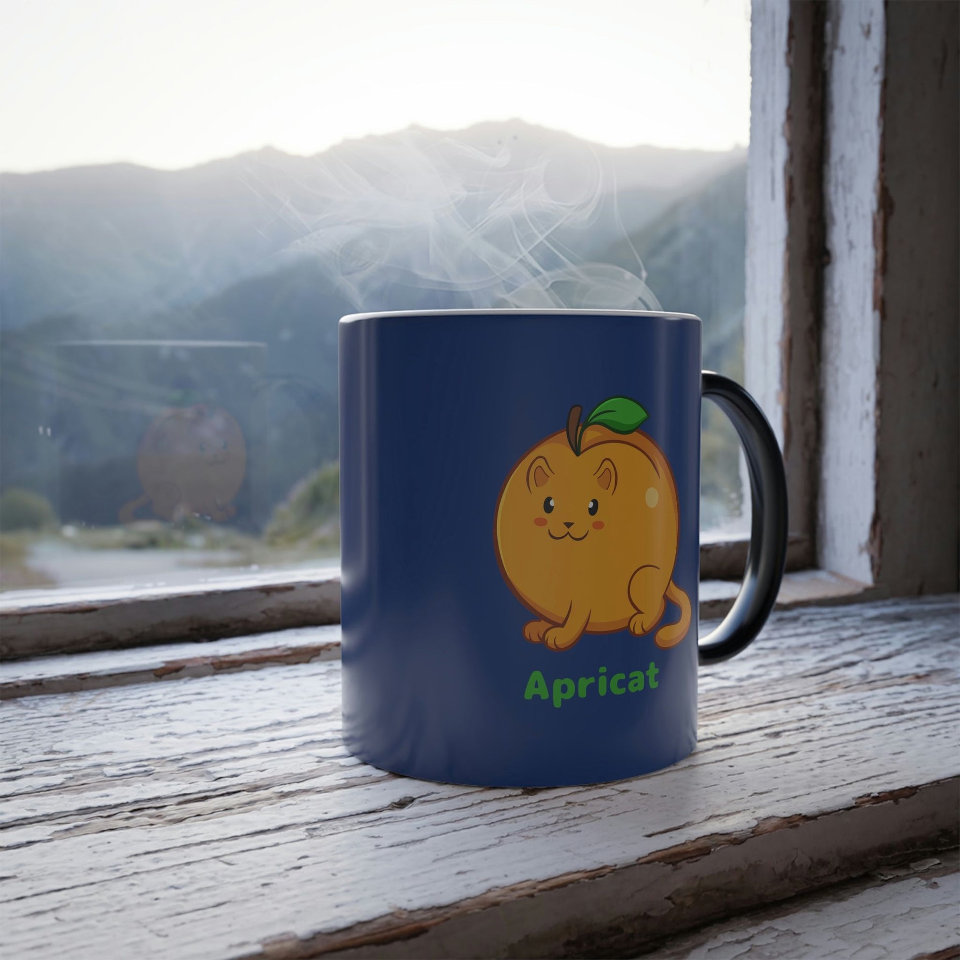 Dark Blue Magic Mug with Apricat™ print standing in a window. Apricat™ is an apricot drawn as a cute cat.