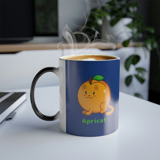 Dark Blue Magic Mug with Apricat⢠print standing on an office desk. Apricat⢠is an apricot drawn as a cute cat.