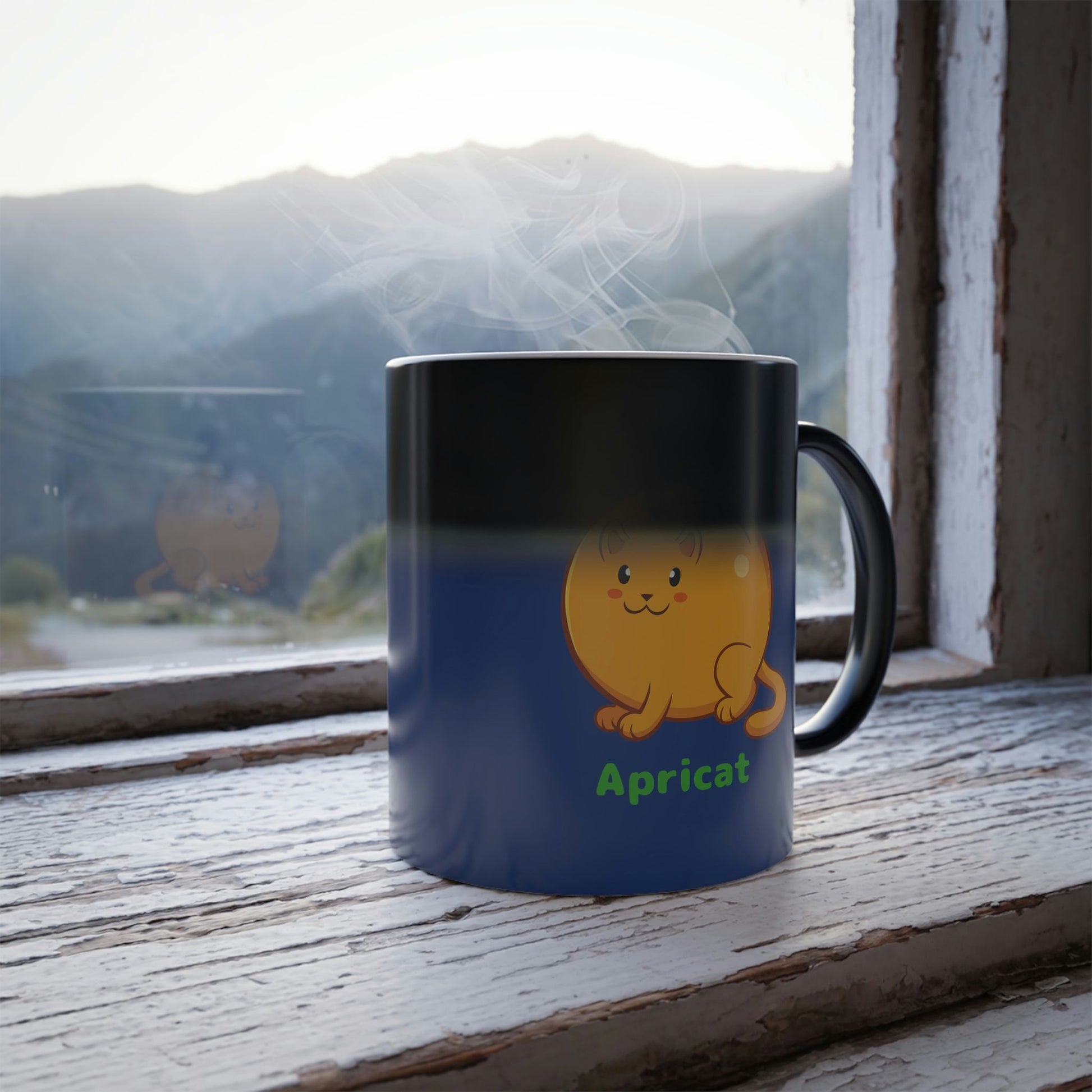 Dark Blue Magic Mug with Apricat™ print standing in a window turning from black into the print. Apricat™ is an apricot drawn as a cute cat.