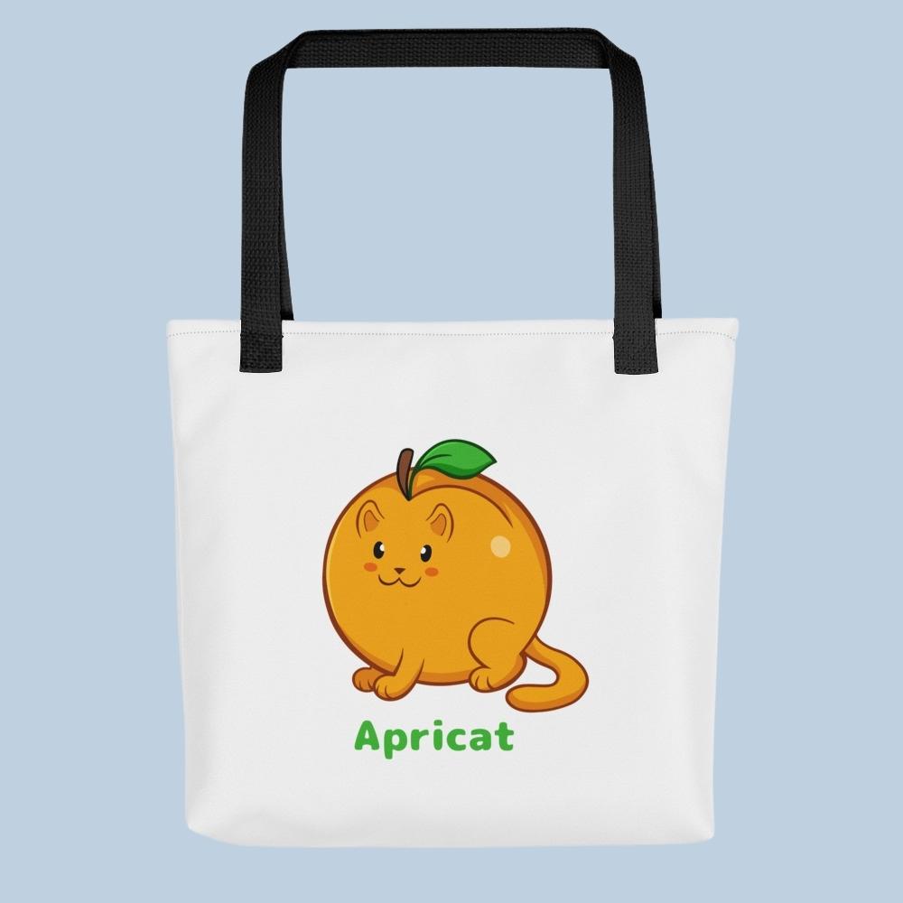 White Tote Bag with Apricat™ print. Apricat™ is an apricot drawn as a cute cat.