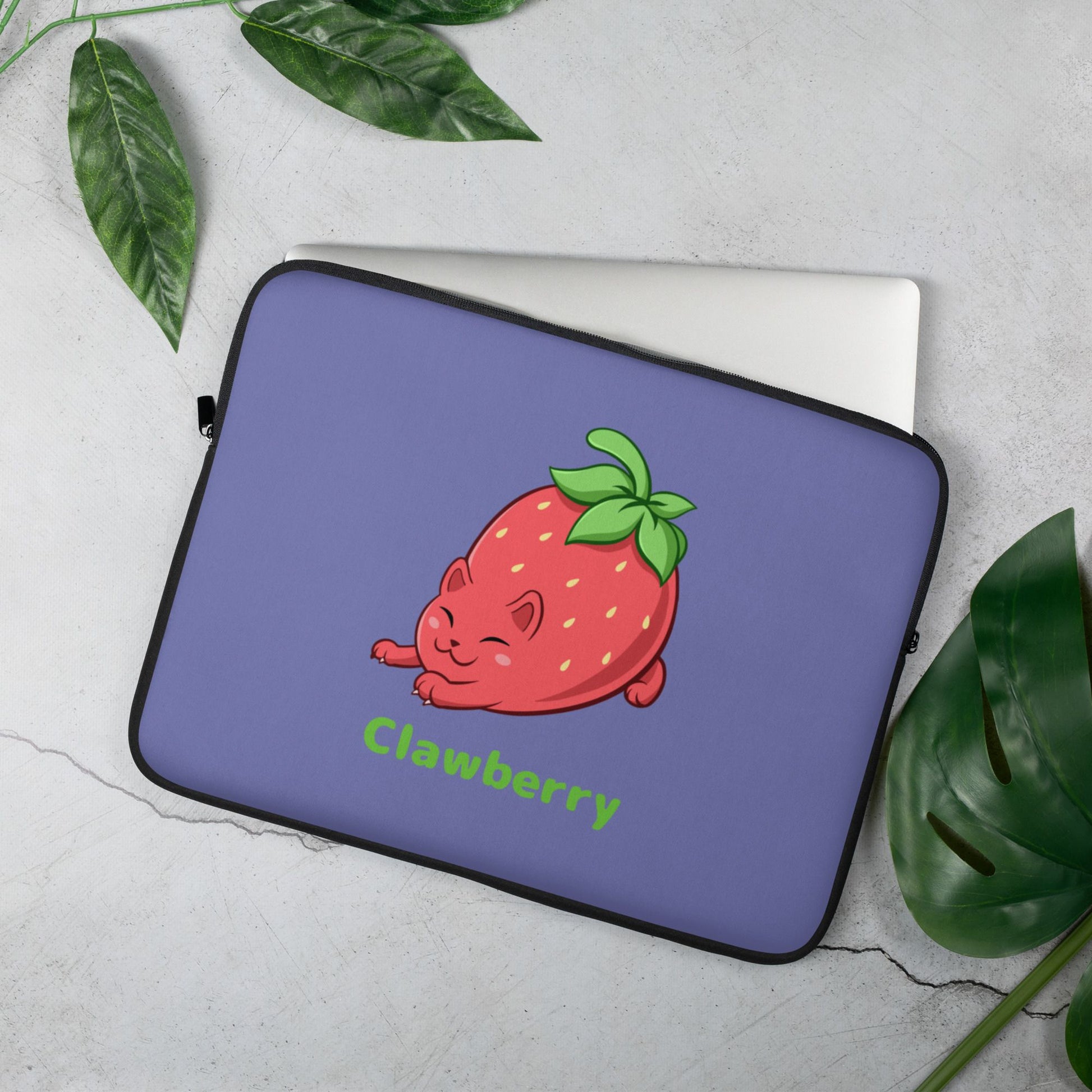 Purple Laptop Case, 15 inches, with Clawberry™ print. Clawberry™ is a strawberry drawn as a cute cat.