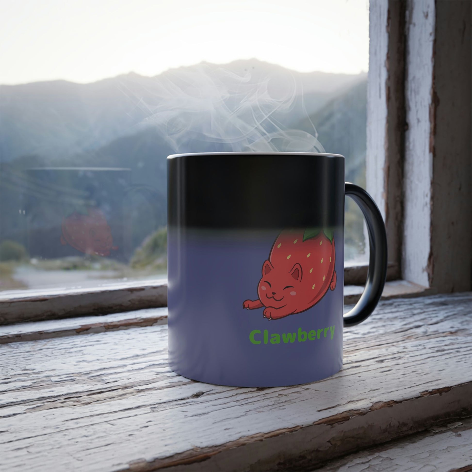 Purple Magic Mug with Clawberry™ print standing in a window turning from black into the print. Clawberry™ is a strawberry drawn as a cute cat.