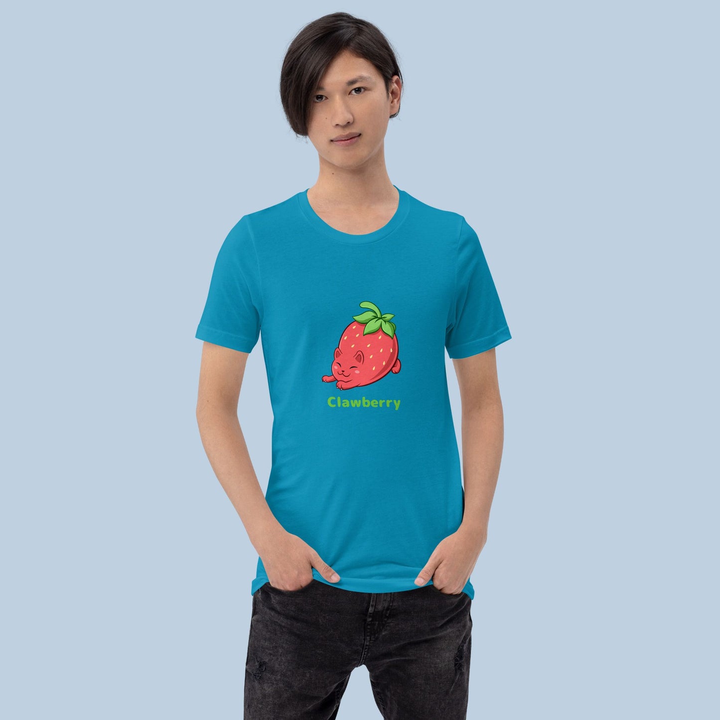 Man wearing an aqua blue T-Shirt with Clawberry™ print. Clawberry™ is a strawberry drawn as a cute cat.