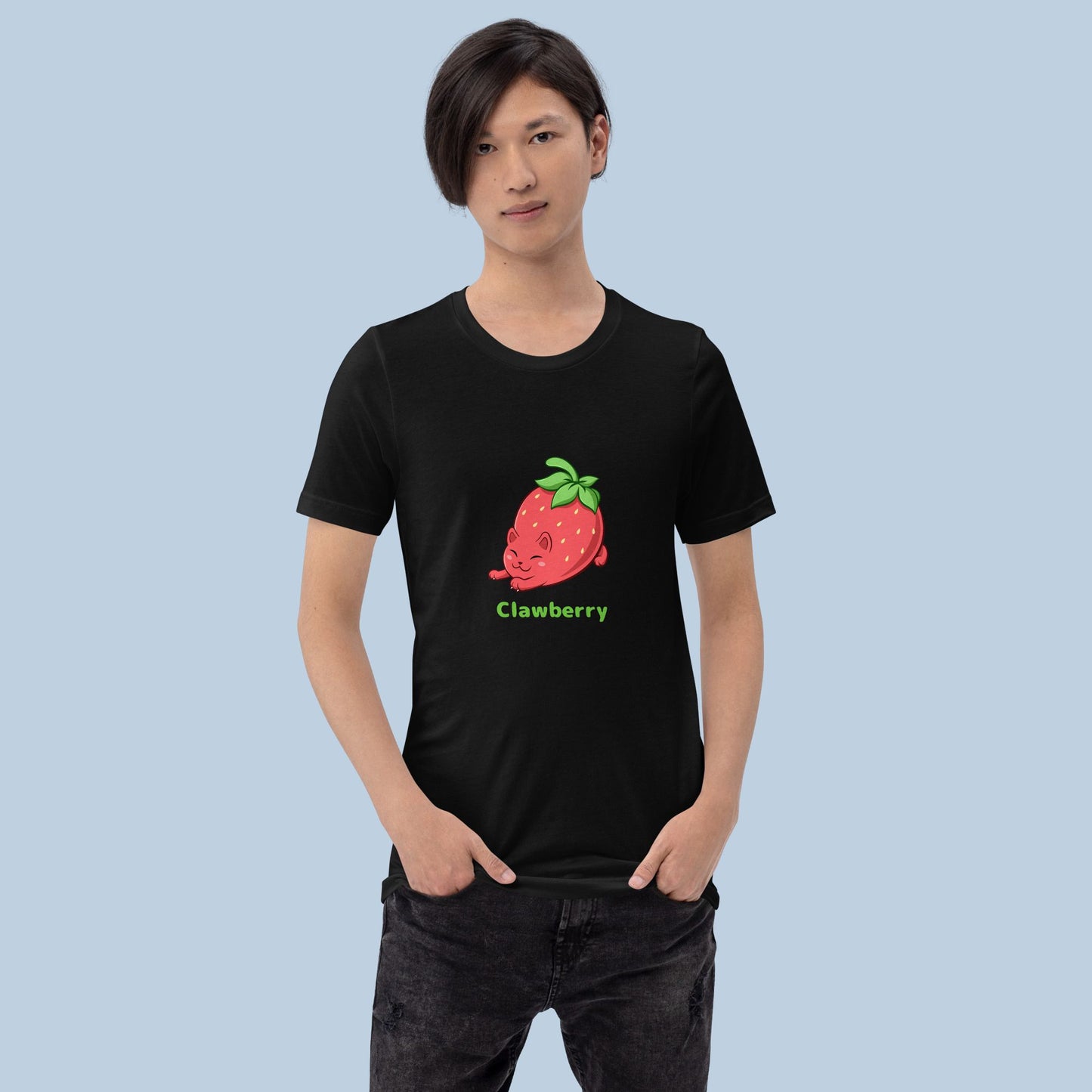 Man wearing a black T-Shirt with Clawberry™ print. Clawberry™ is a strawberry drawn as a cute cat.