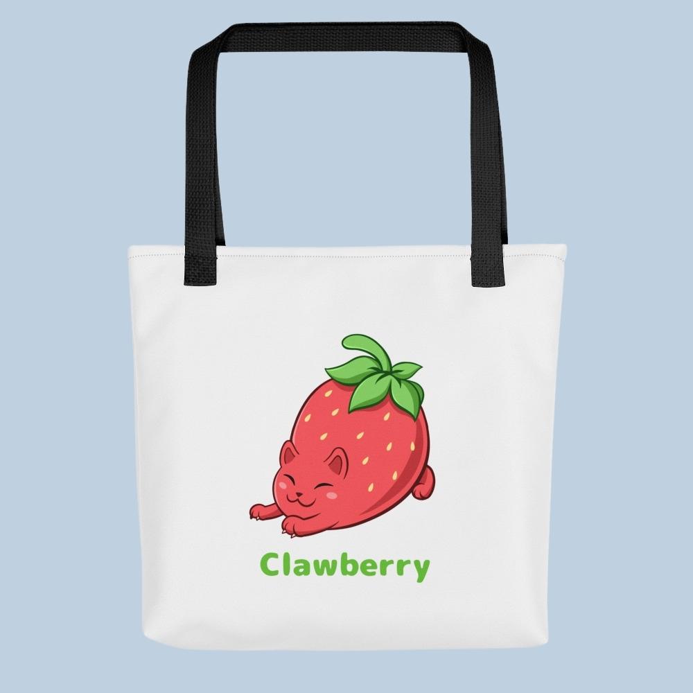 White Tote Bag with Clawberry™ print. Clawberry™ is a strawberry drawn as a cute cat.