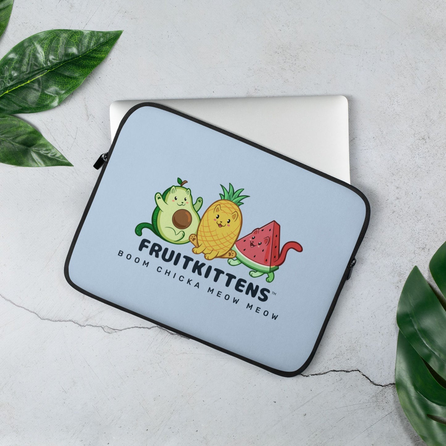 Light Blue Laptop Case, 13 inches, with Fruitkittens™ logo. Fruitkittens™ are fruits drawn as cute cats. The logo features Pawocado™, Pawnapple™ and Watermewlon™