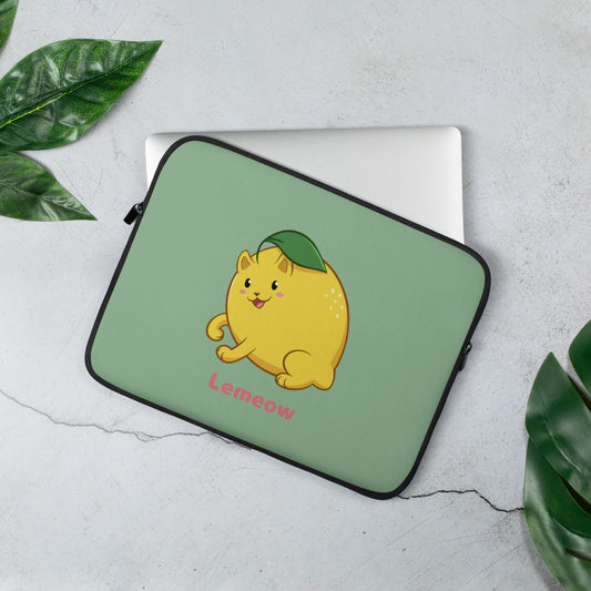 Light Green Laptop Case, 13 inches, with Lemeow™ print. Lemeow™ is a lemon drawn as a cute cat.