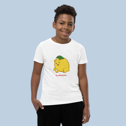 Boy wearing a white T-Shirt with Lemeow⢠print. Lemeow⢠is a lemon drawn as a cute cat.