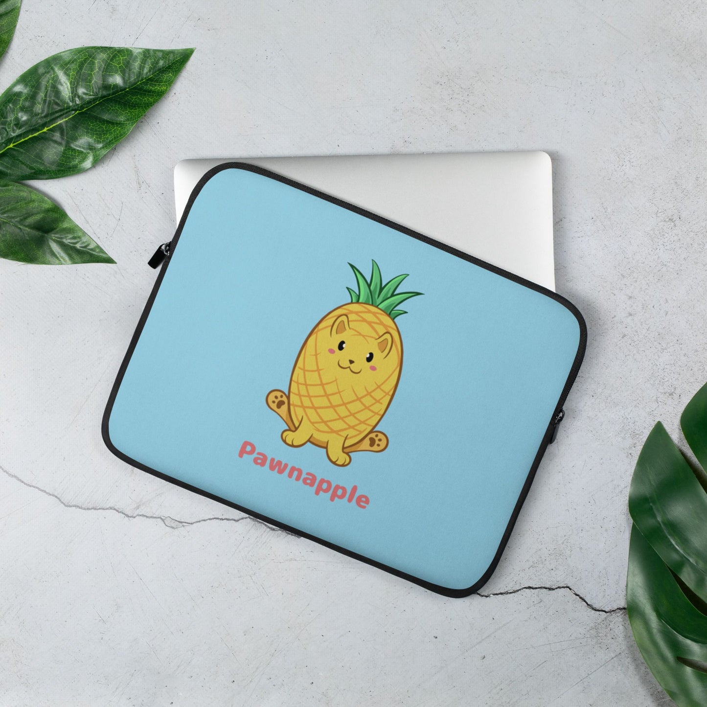 Light Blue Laptop Case, 13 inches, with Pawnapple™ print. Pawnapple™ is a pineapple drawn as a cute cat.