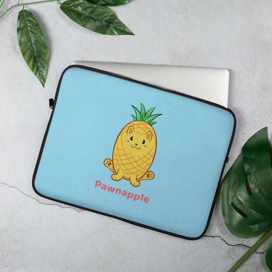 Light Blue Laptop Case, 15 inches, with Pawnapple™ print. Pawnapple™ is a pineapple drawn as a cute cat.