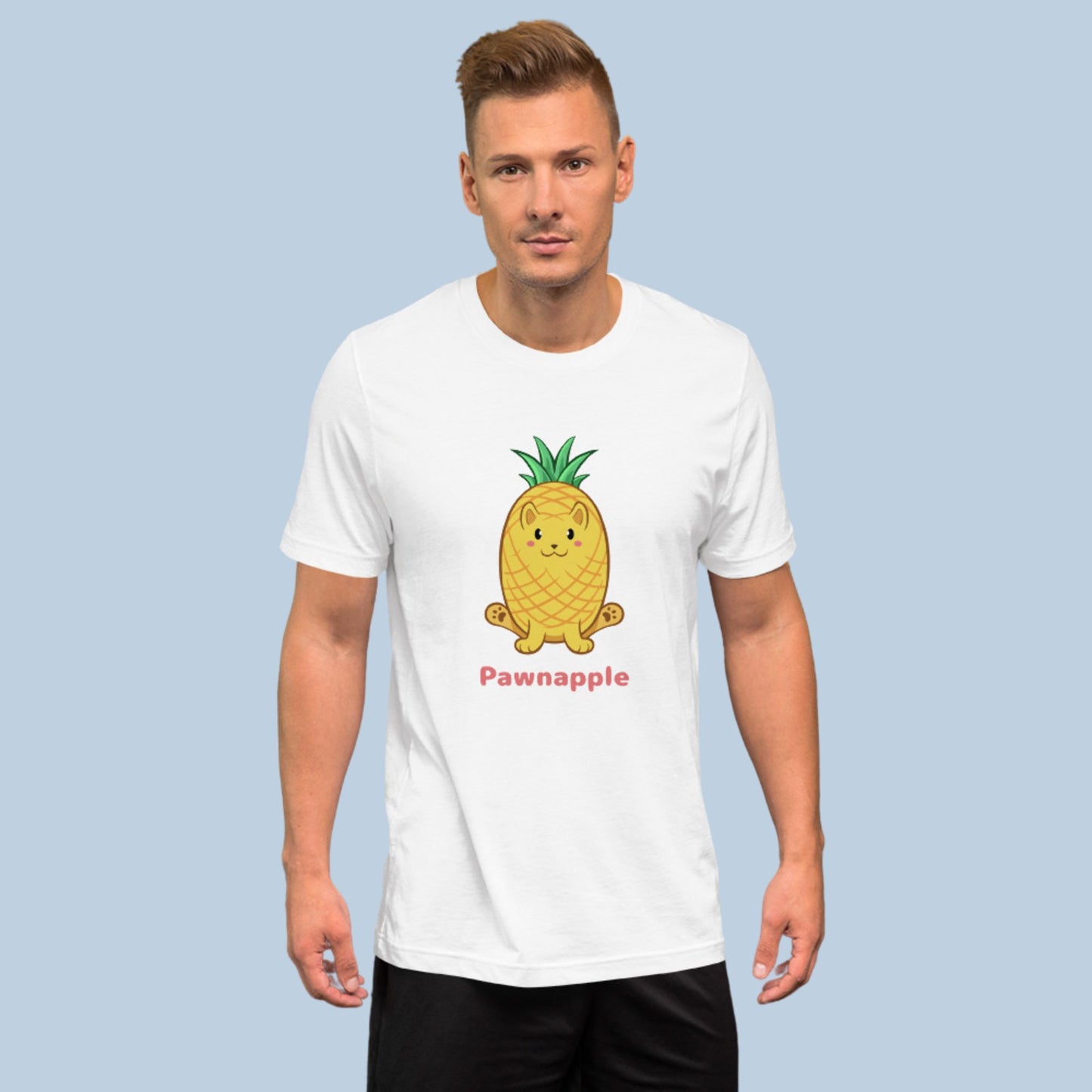 Man wearing a white T-Shirt with Pawnapple™ print. Pawnapple™ is a pineapple drawn as a cute cat.