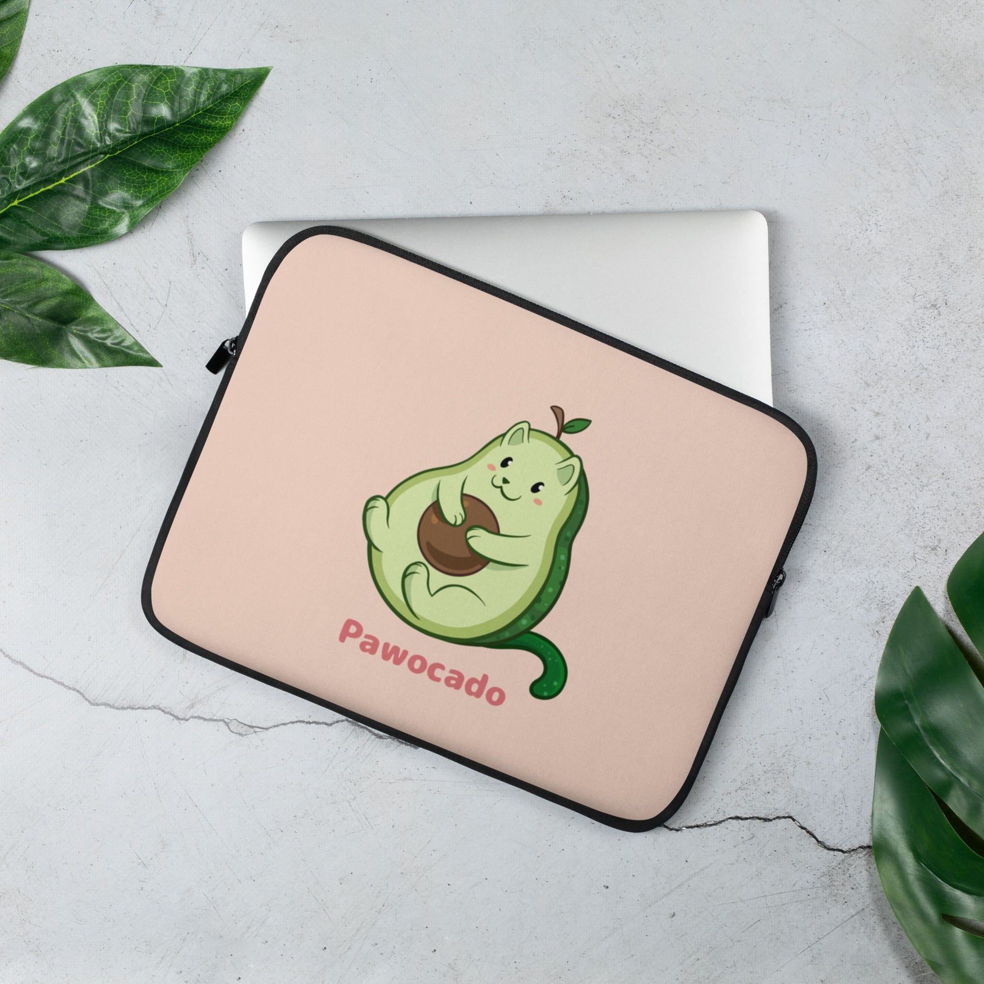 Beige Laptop Case, 13 inches, with Pawocado™ print. Pawocado™ is an avocado drawn as a cute cat.