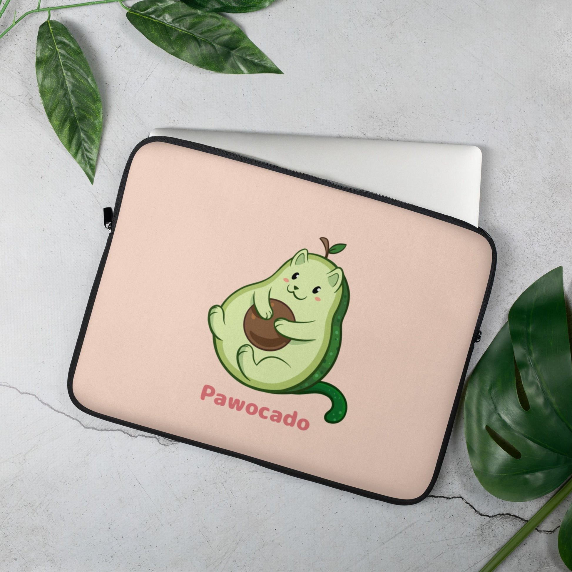 Beige Laptop Case, 15 inches, with Pawocado™ print. Pawocado™ is an avocado drawn as a cute cat.