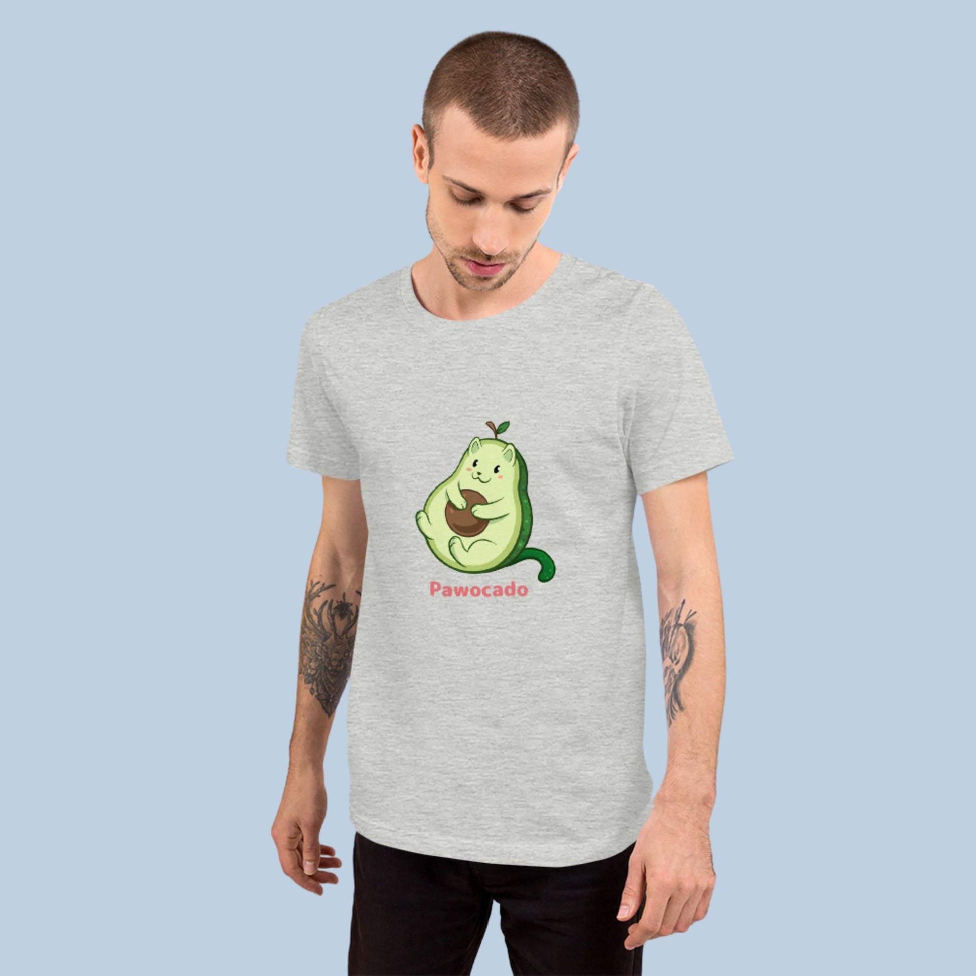 Man wearing an athletic heather grey T-Shirt with Pawocado™ print. Pawocado™ is an avocado drawn as a cute cat.