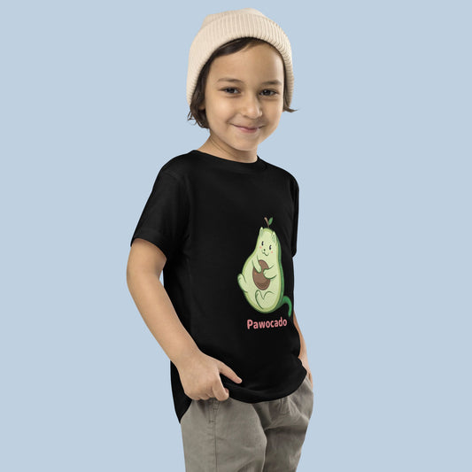 Toddler wearing a black Toddler T-Shirt with Pawocado⢠print. Pawocado⢠is an avocado drawn as a cute cat.