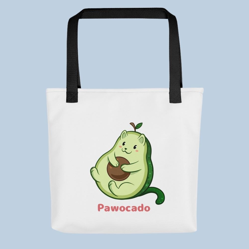 White Tote Bag with Pawocado™ print. Pawocado™ is an avocado drawn as a cute cat.