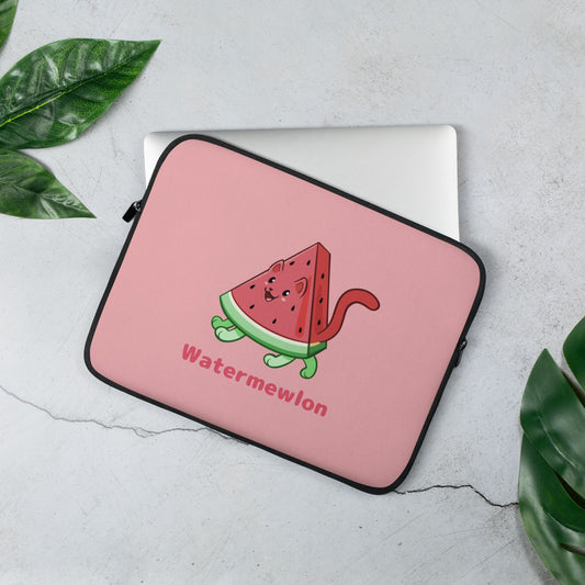 Pink Laptop Case, 13 inches, with Watermewlon™ print. Watermewlon™ is a watermelon drawn as a cute cat.