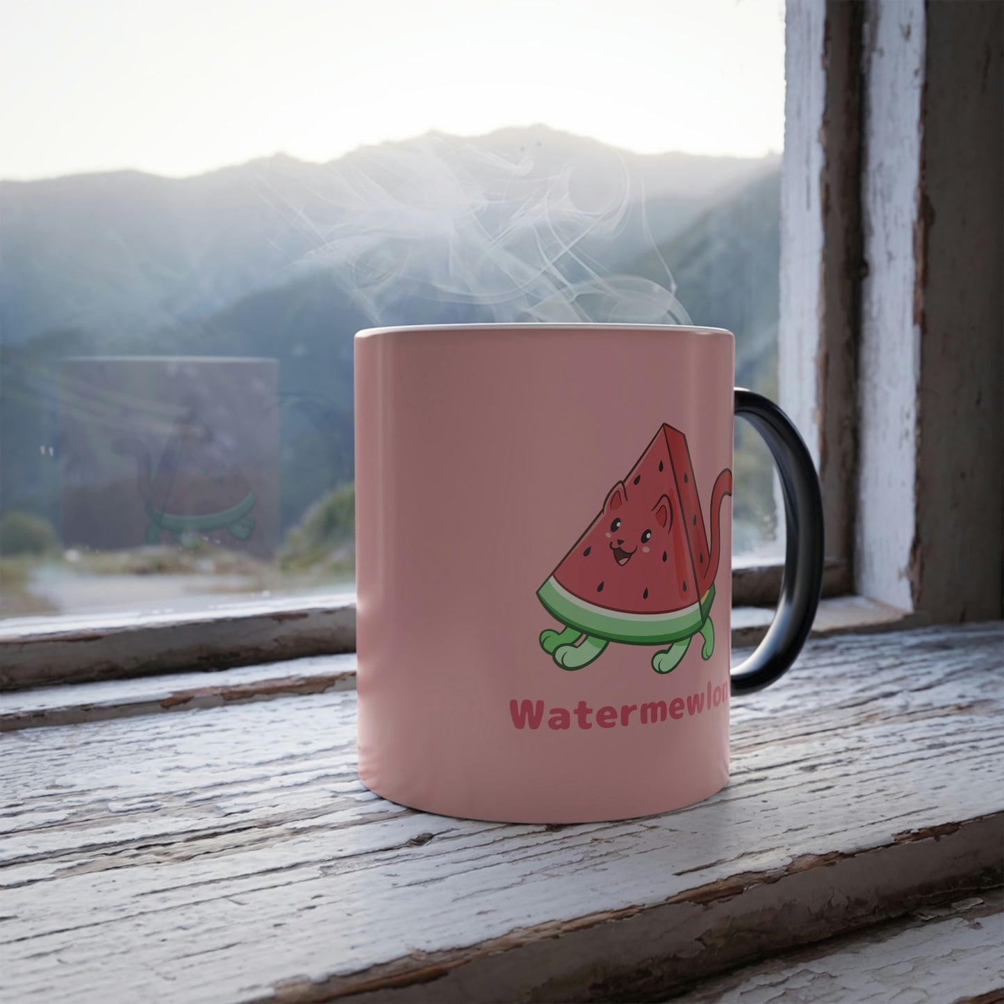 Pink Magic Mug with Watermewlon™ print standing in a window. Watermewlon™ is a watermelon drawn as a cute cat.