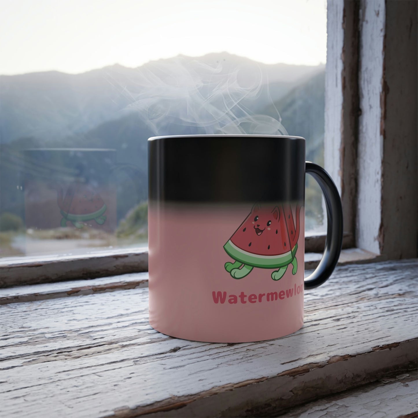 Pink Magic Mug with Watermewlon™ print standing in a window turning from black into the print. Watermewlon™ is a watermelon drawn as a cute cat.