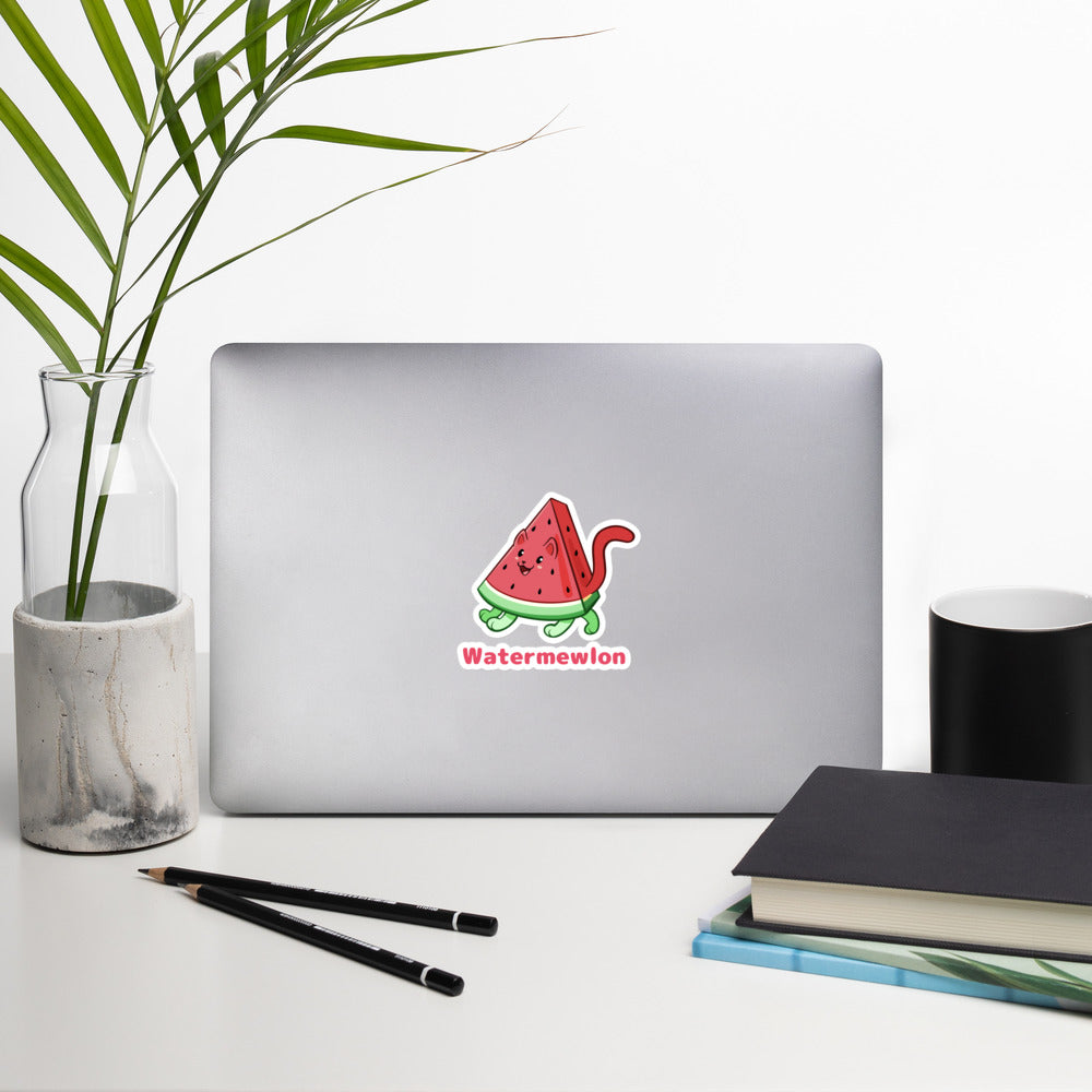 5.5 x 5.5 inch Sticker with Watermewlon™ print. The sticker is on a laptop. Watermewlon™ is a watermelon drawn as a cute cat.