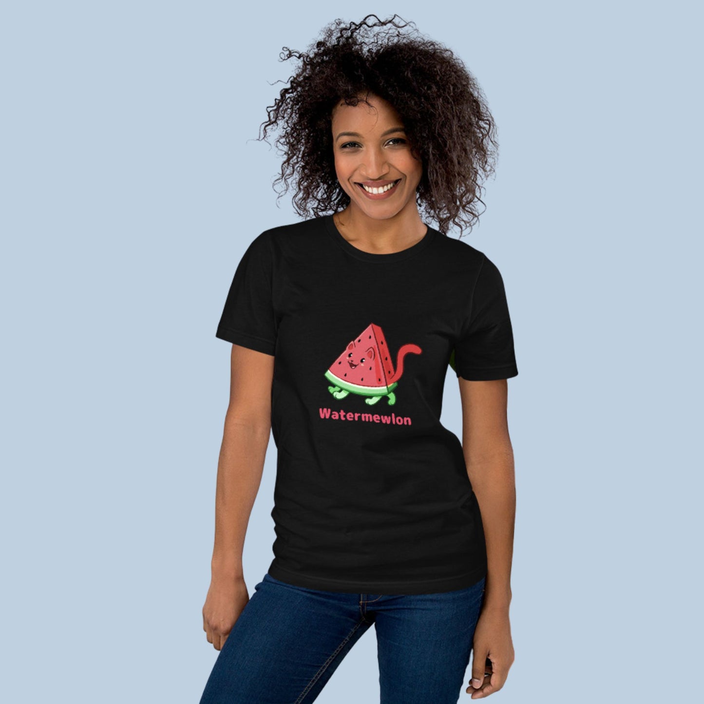 Woman wearing a black T-Shirt with Watermewlon™ print. Watermewlon™ is a watermelon drawn as a cute cat.