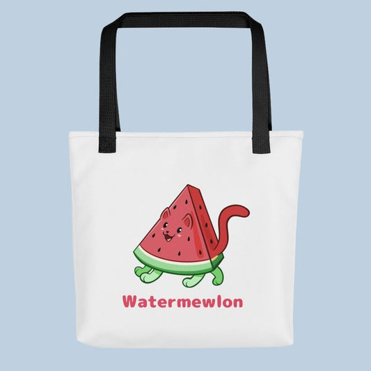 White Tote Bag with Watermewlon™ print. Watermewlon™ is a watermelon drawn as a cute cat.