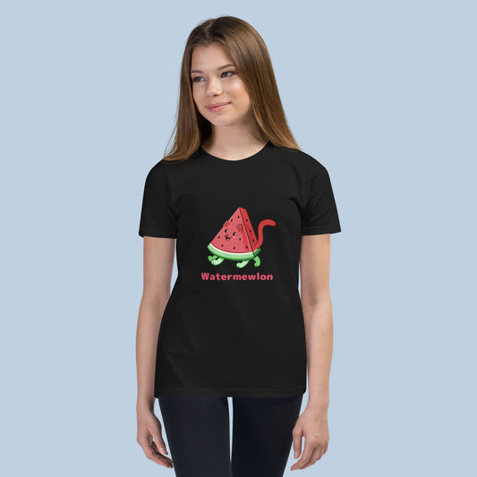 Girl wearing a black T-Shirt with Watermewlon⢠print. Watermewlon⢠is a watermelon drawn as a cute cat.
