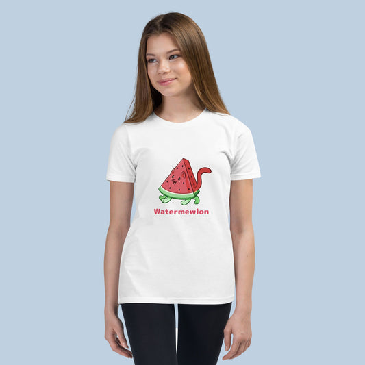 Girl wearing a white T-Shirt with Watermewlon⢠print. Watermewlon⢠is a watermelon drawn as a cute cat.