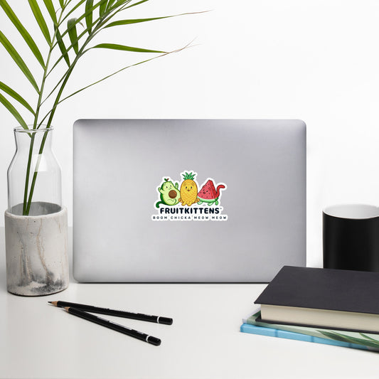 5.5 x 5.5 inch Sticker with Fruitkittens™ logo. Fruitkittens™ are fruits drawn as cute cats. The logo features Pawocado™, Pawnapple™ and Watermewlon™. The sticker is on a laptop. 