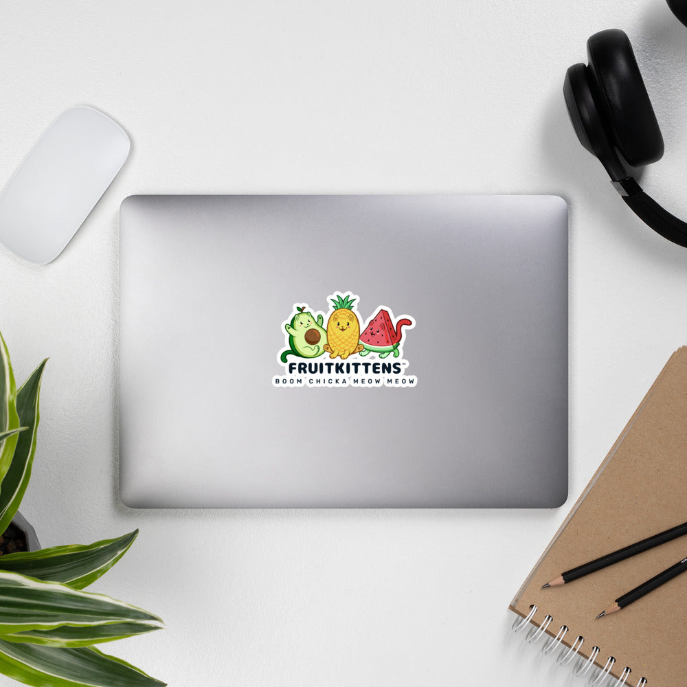 5.5 x 5.5 inch Sticker with Fruitkittens™ logo. Fruitkittens™ are fruits drawn as cute cats. The logo features Pawocado™, Pawnapple™ and Watermewlon™. The sticker is on a laptop. 